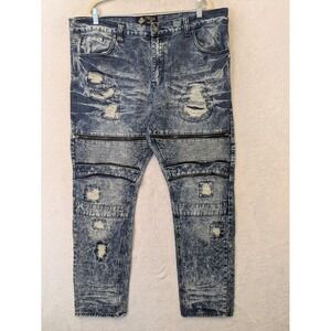 Road Narrows Mens 40 Acid Wash Moto Biker Jeans Distressed Blue Zipper Detail